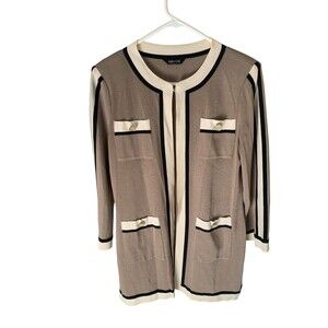 Misook Cardigan Sweater Womens Large Knit Open Front Pockets Gold Trim Lightweig